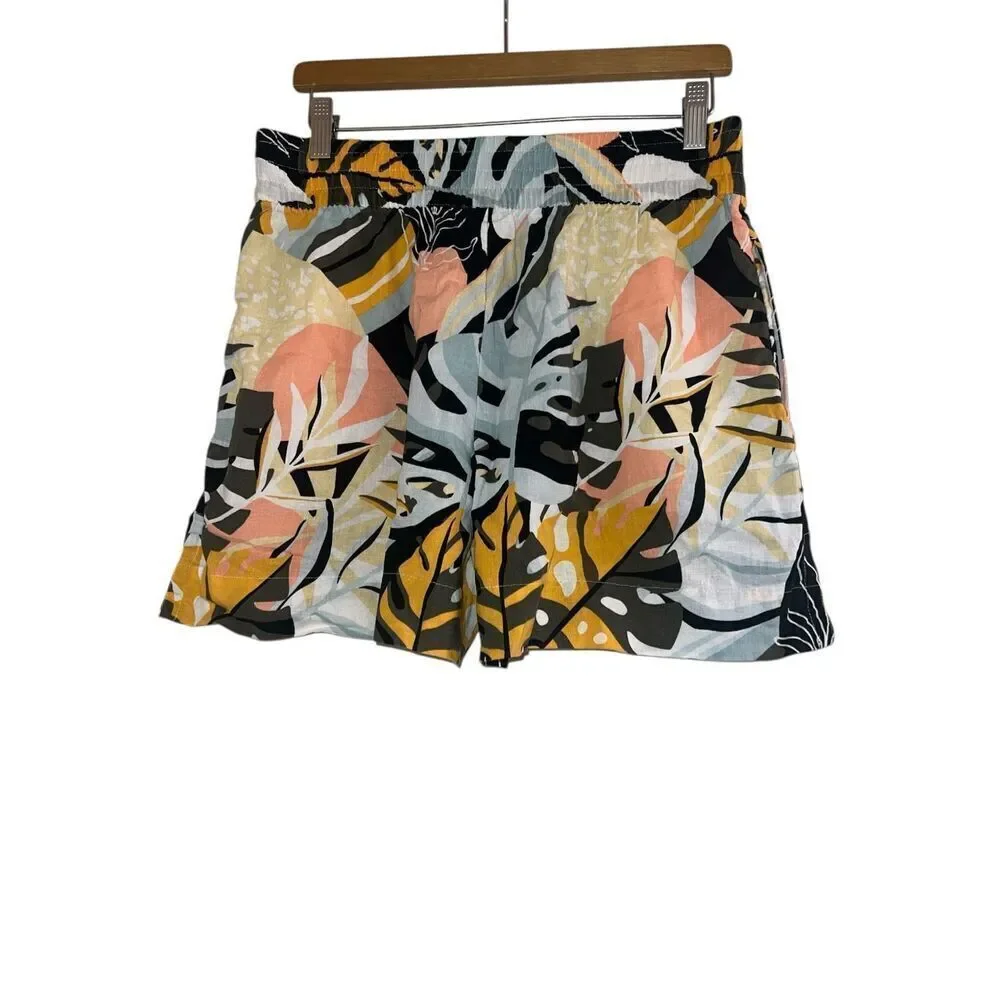 ✨Calia Multicolored Palm High Rise Inverted Pleat Pull On Linen Sz M Shorts✨
